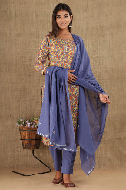 Kaajh Women's Blue Yellow Floral Print Suit Set - Distacart