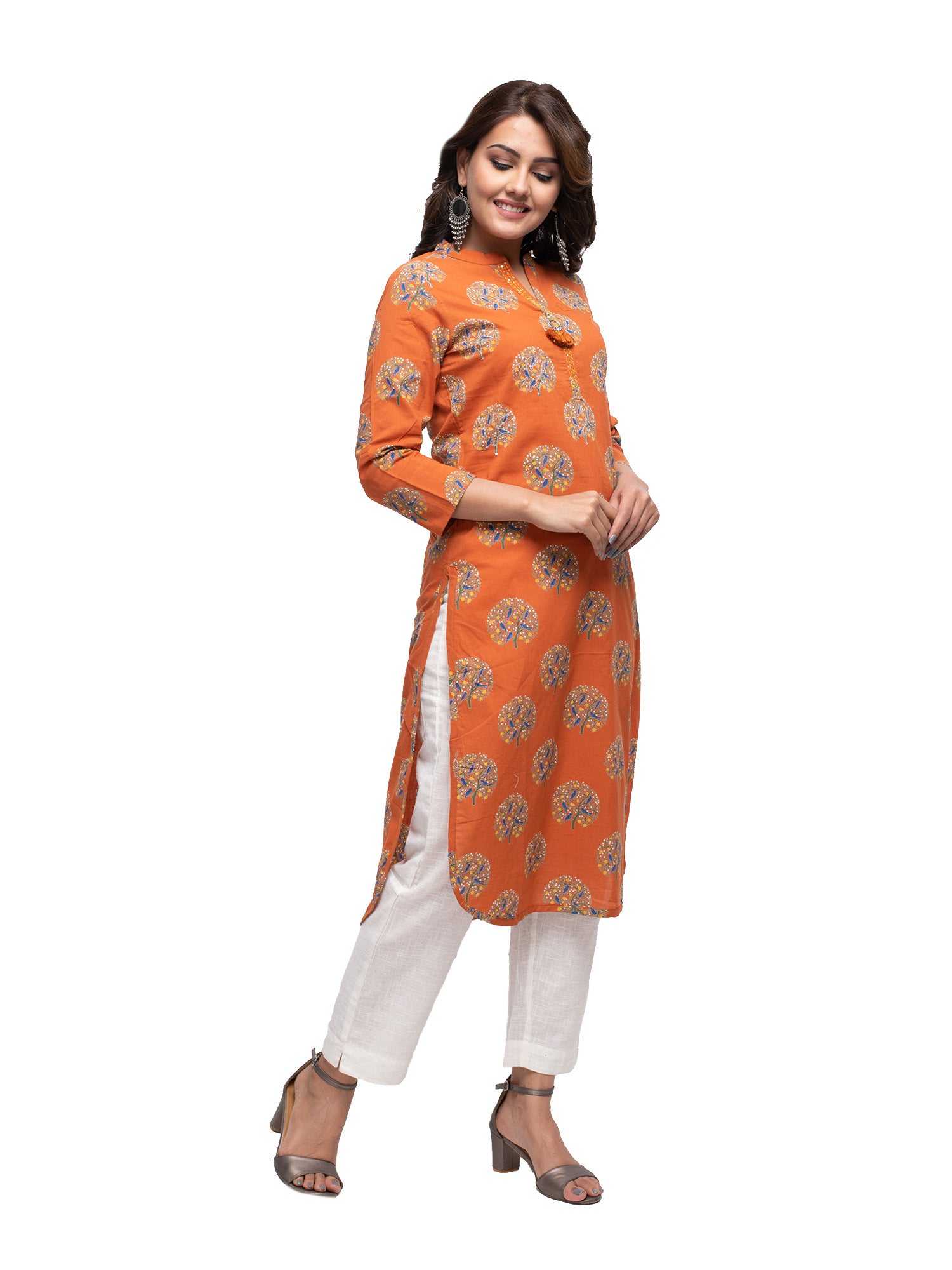Kaajh Women's Orange Block Print kurta - Distacart