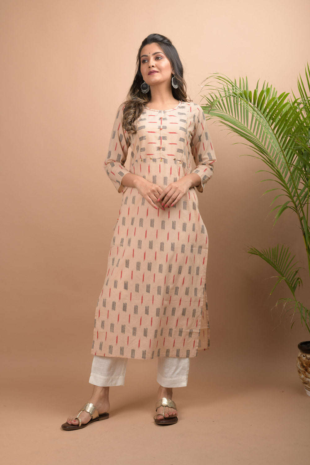 Kaajh Women's Beige Printed Kurta Pant Set - Distacart