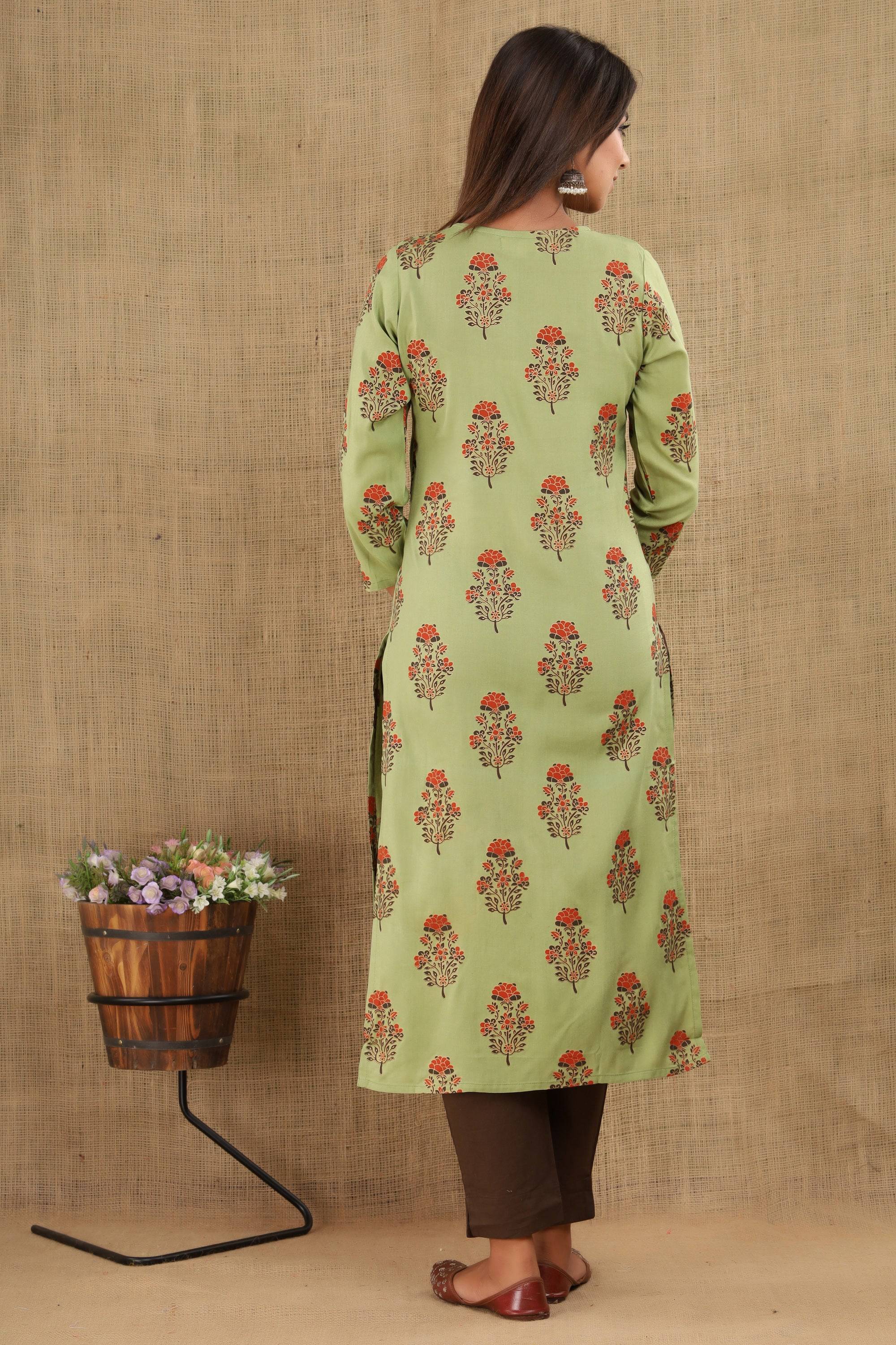 Kaajh Women's Green Brown Floral Print Suit Set - Distacart