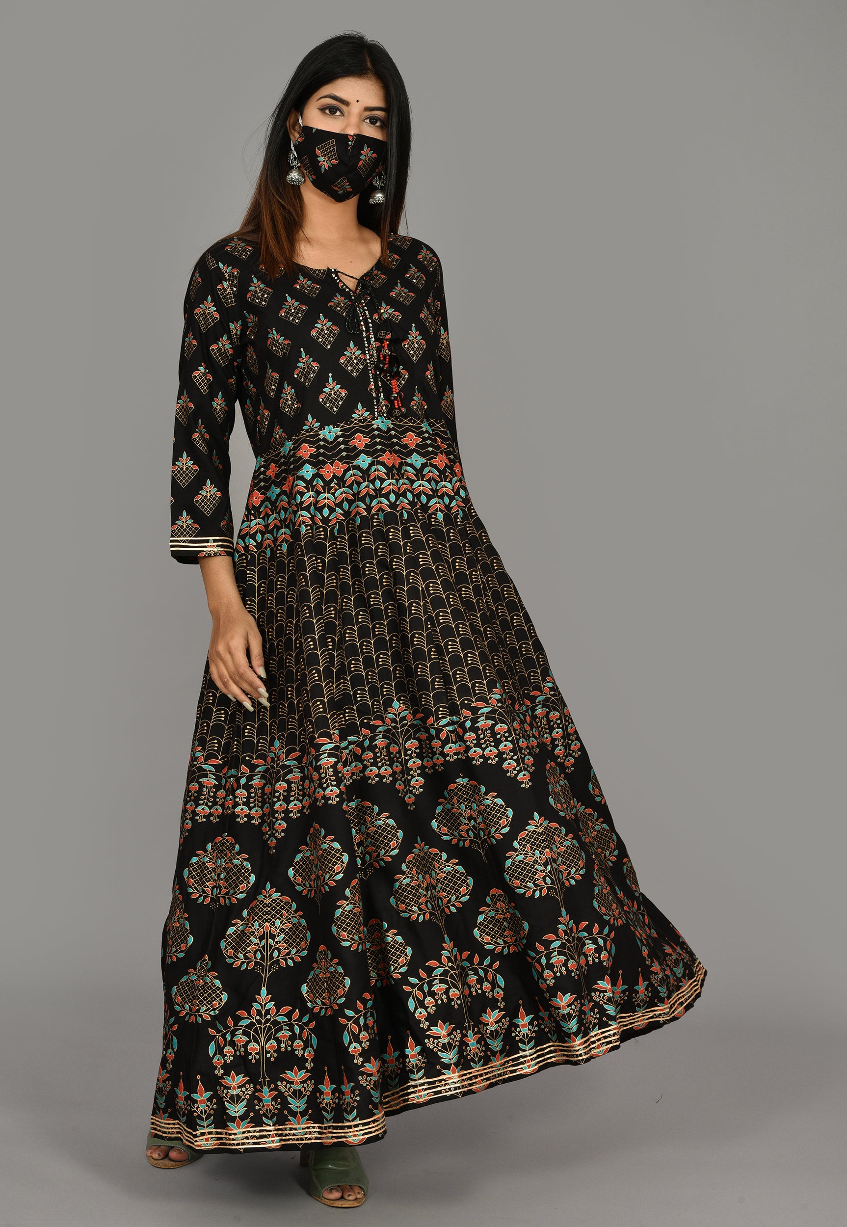 Kaajh Women's Black Gold Print Anarkali kurta - Distacart