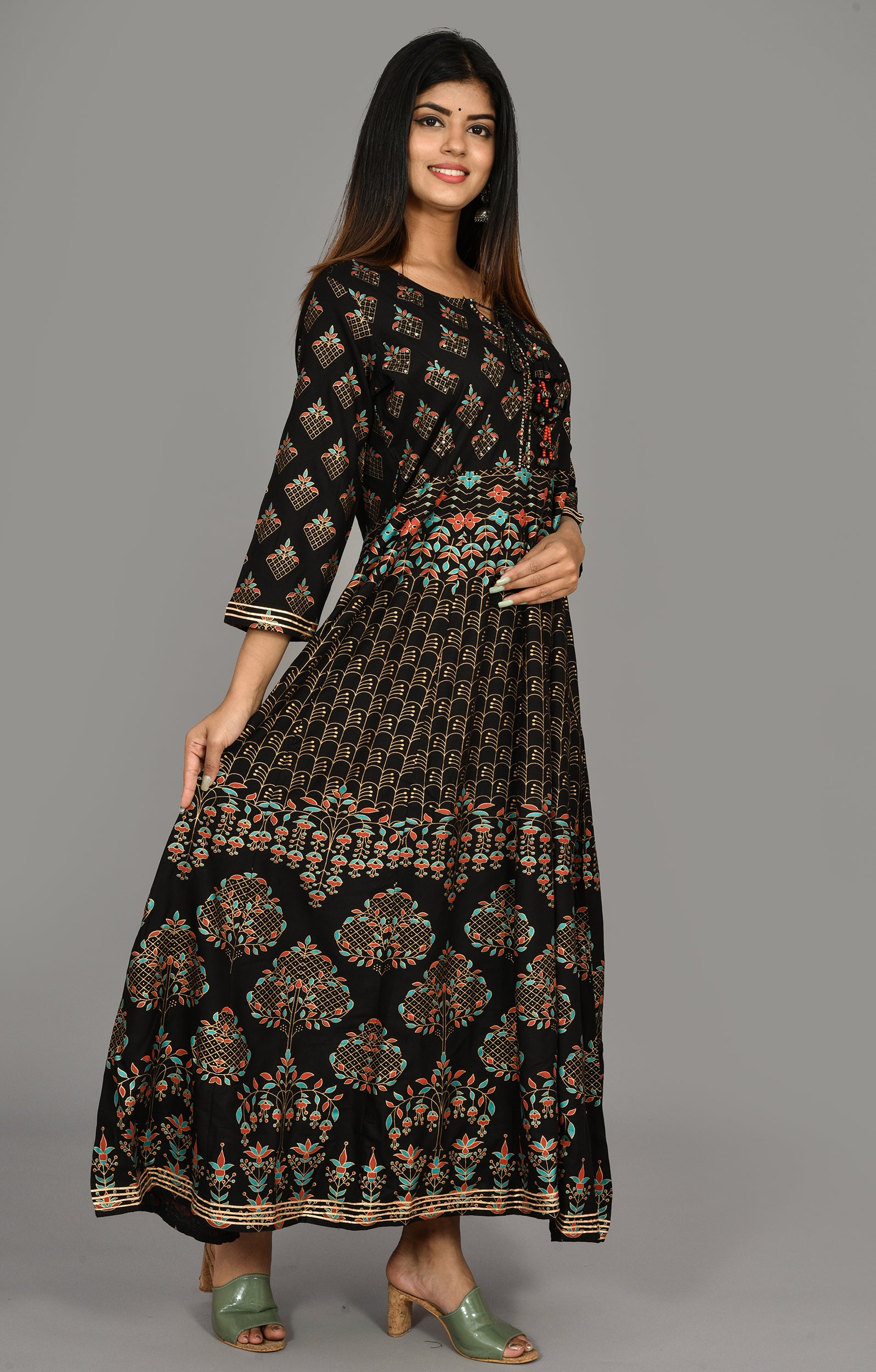 Kaajh Women's Black Gold Print Anarkali kurta - Distacart