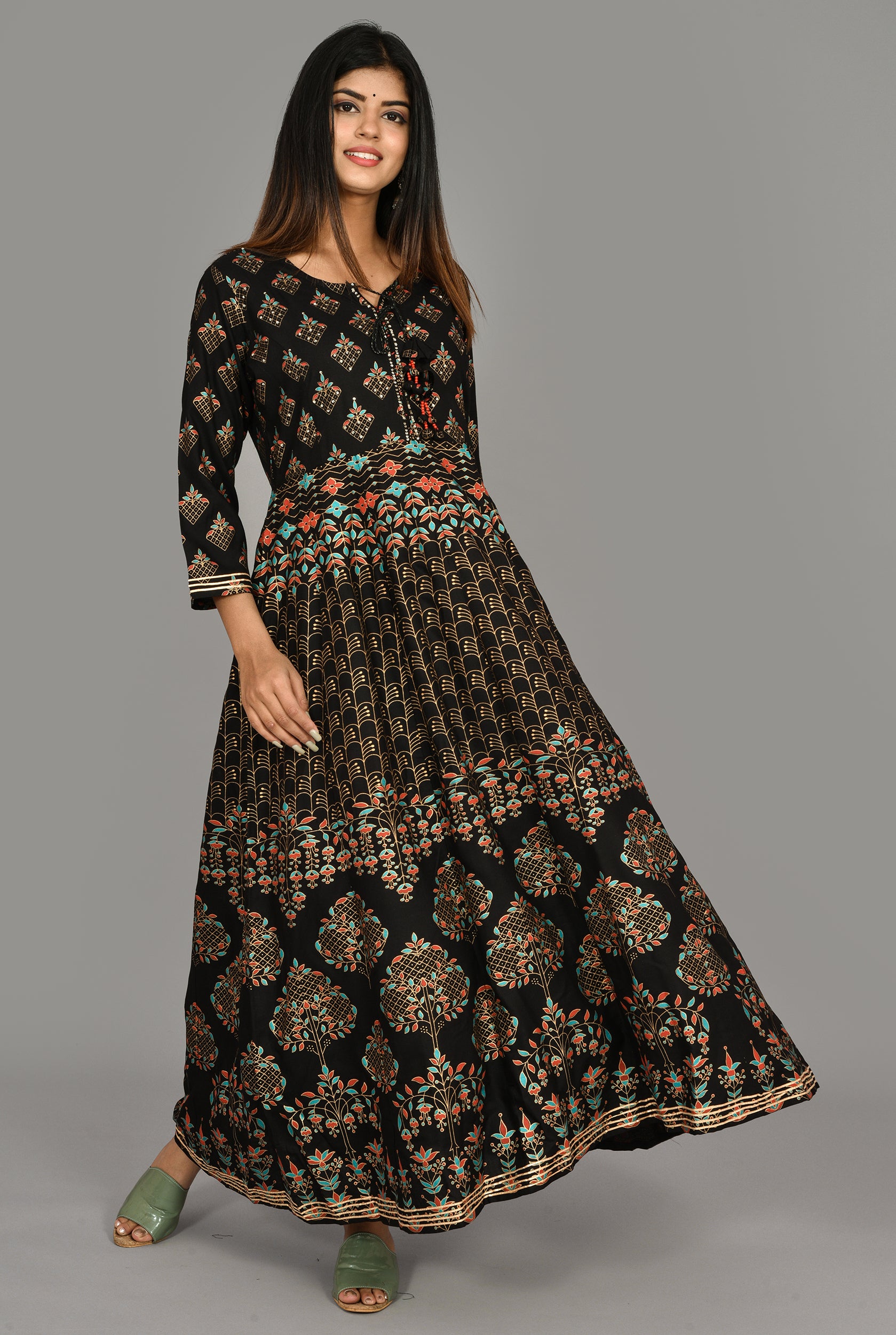 Kaajh Women's Black Gold Print Anarkali kurta - Distacart