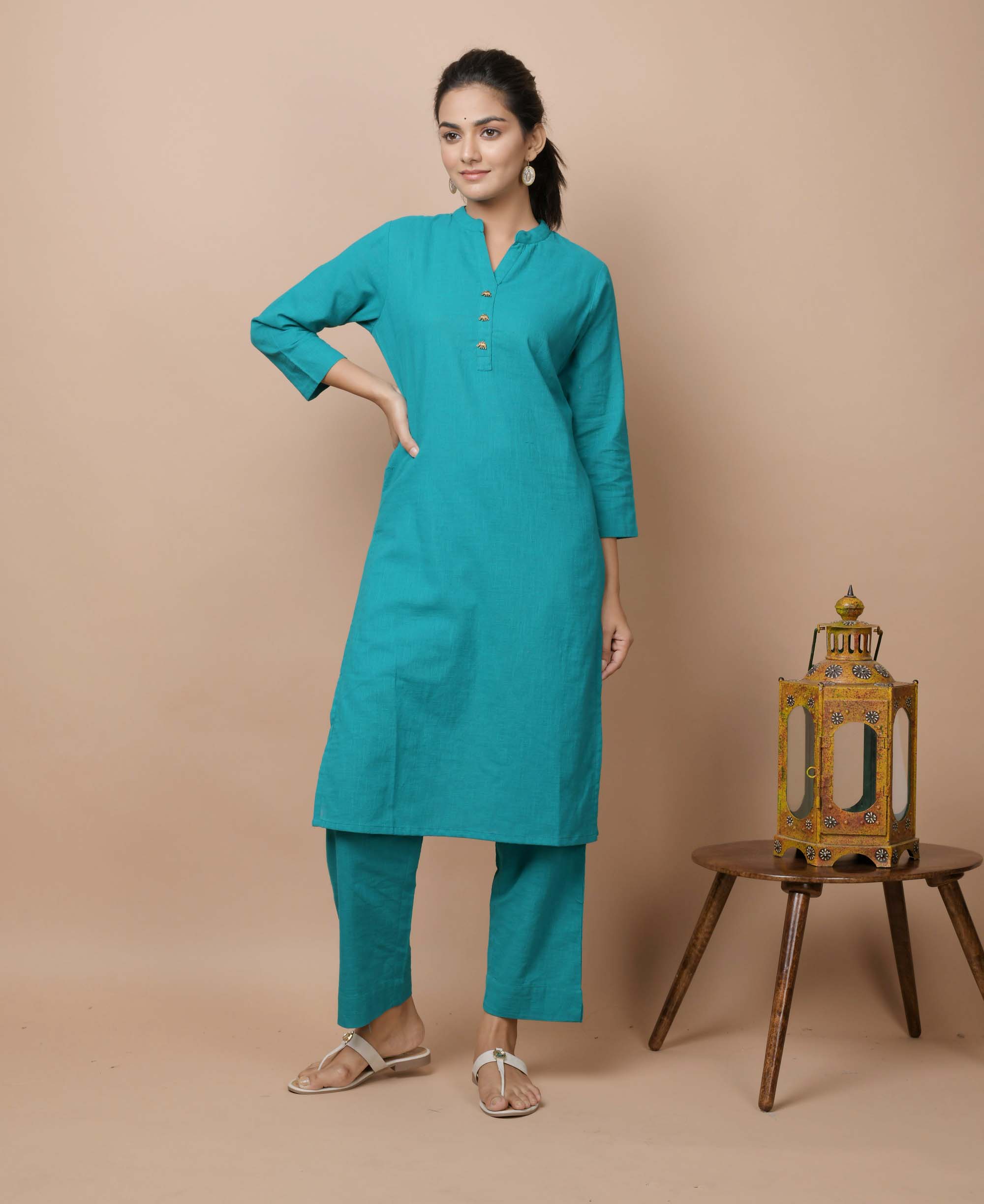Kaajh Women's Teal Green Solid Cotton Kurta Pant Set - Distacart