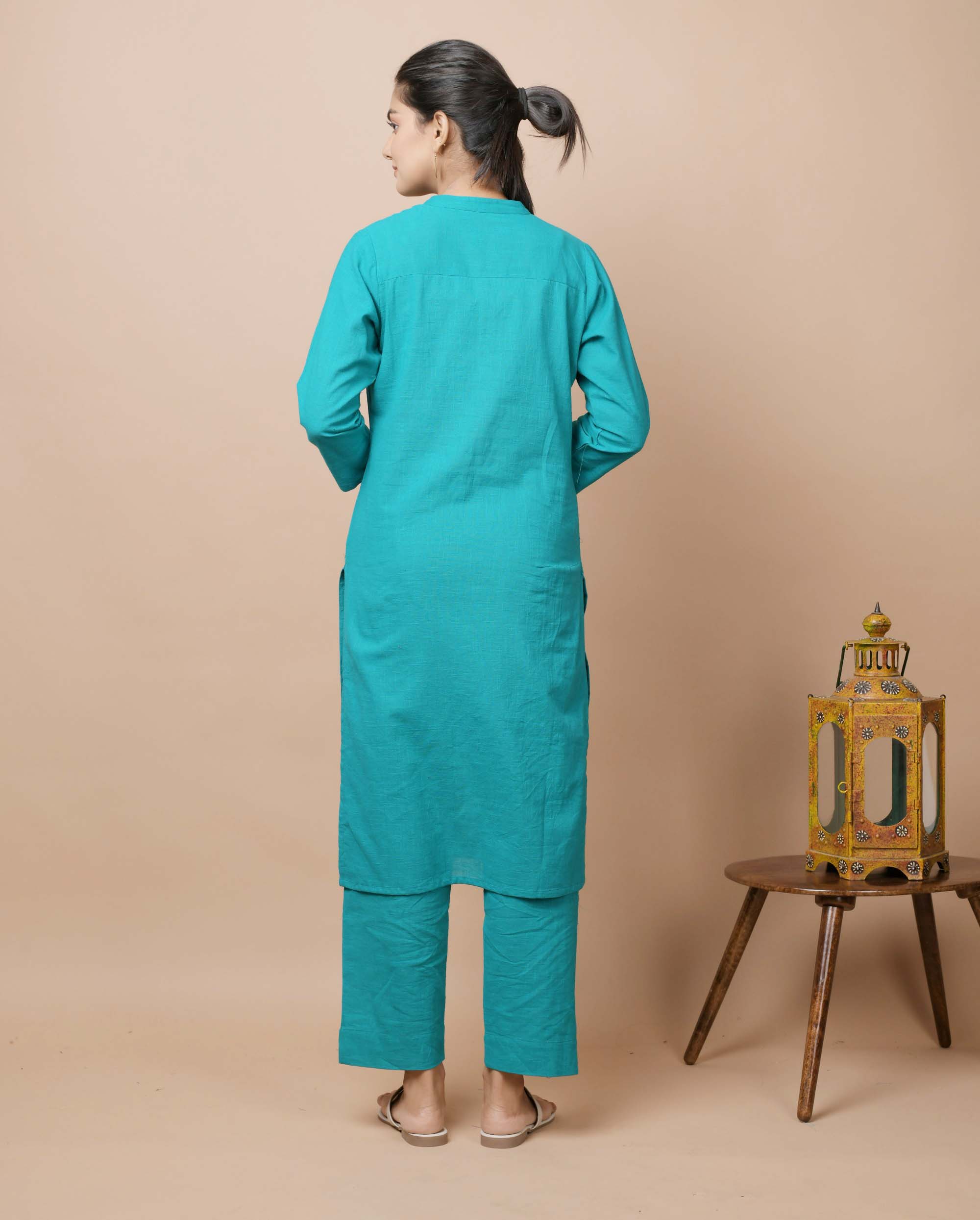 Kaajh Women's Teal Green Solid Cotton Kurta Pant Set - Distacart