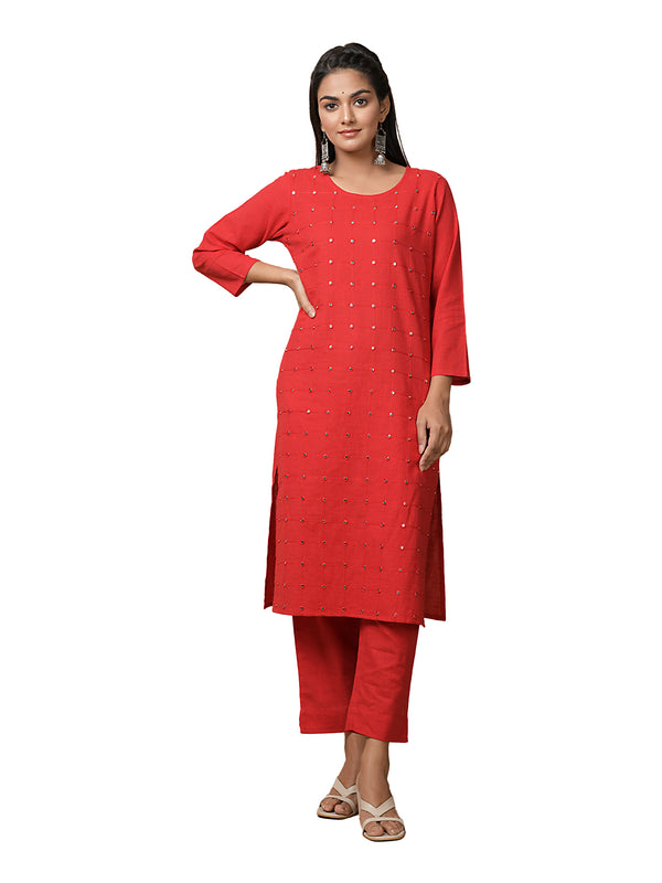 Kaajh Women's Red Solid Mirror Embellishment Kurta - Distacart