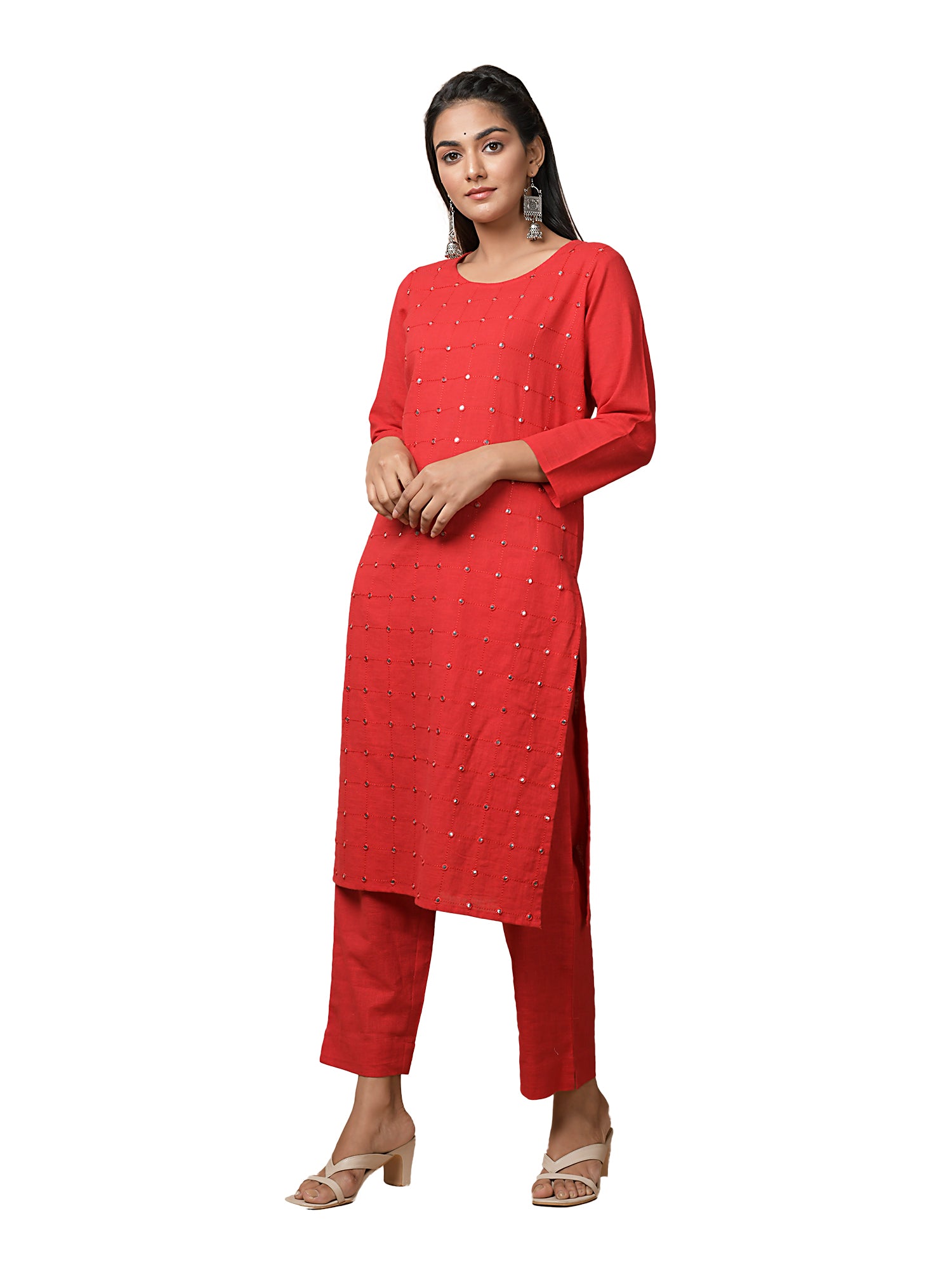Kaajh Women's Red Solid Mirror Embellishment Kurta - Distacart
