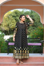Thumbnail for Kaajh Women's Black Gold Printed Ethnic Kurta - Distacart