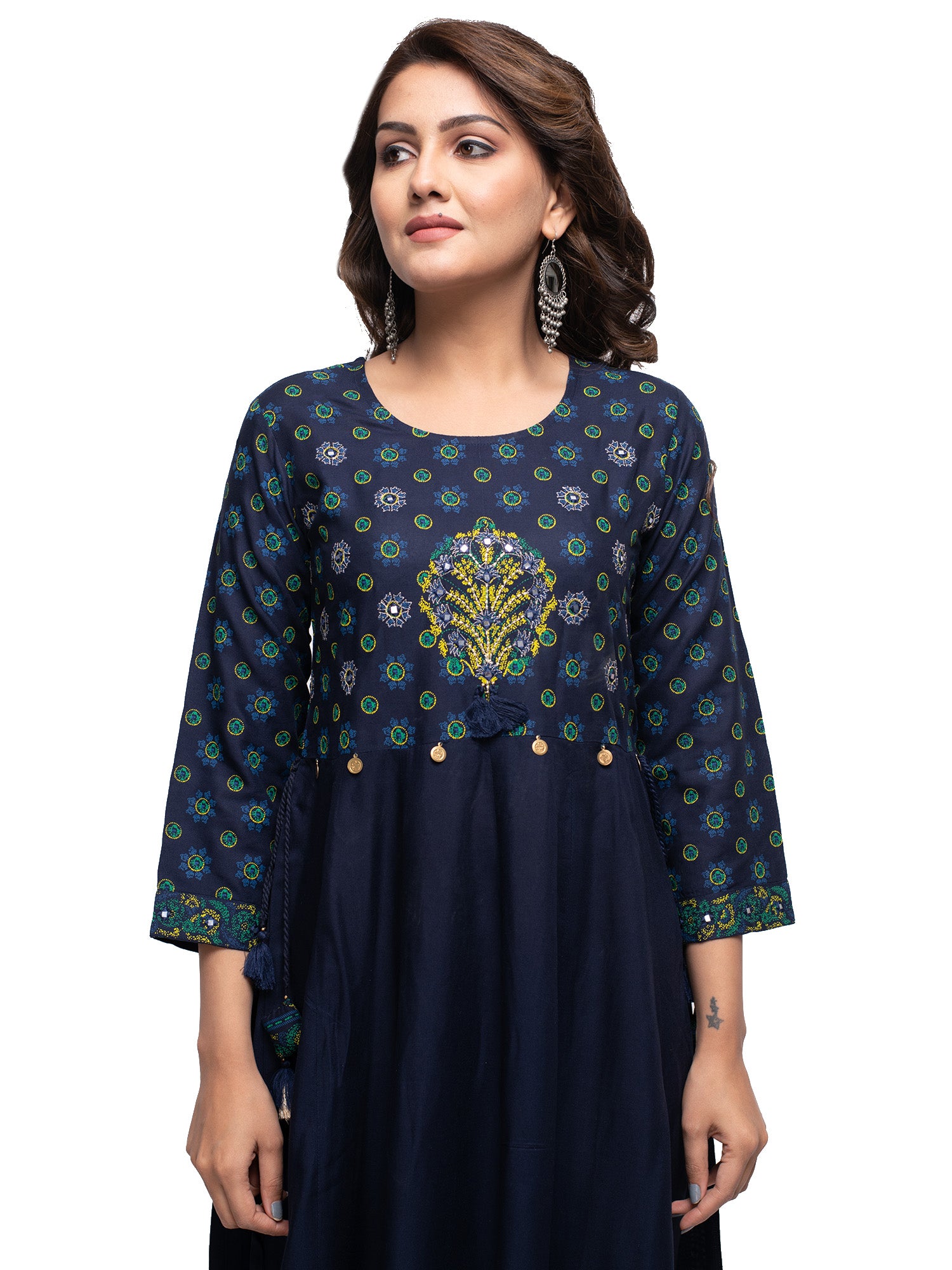 Kaajh Women's Blue Mirror Embellishment Ethnic Kurta - Distacart
