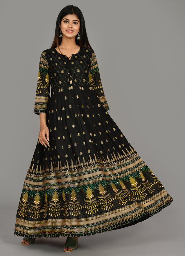 Kaajh Women's Black Green Gold Printed Ethnic Kurta - Distacart