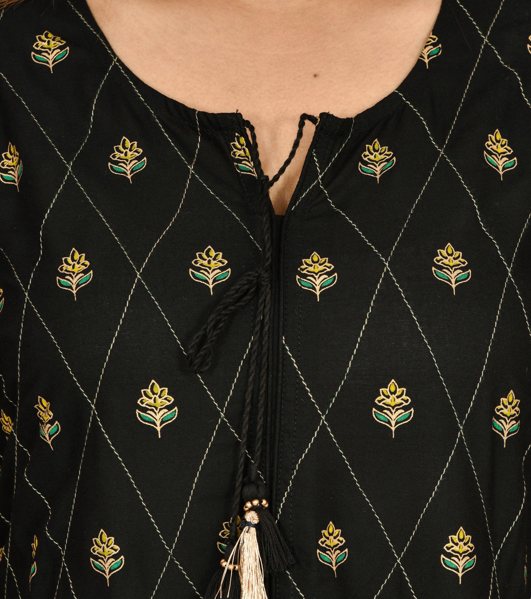 Kaajh Women's Black Green Gold Printed Ethnic Kurta - Distacart