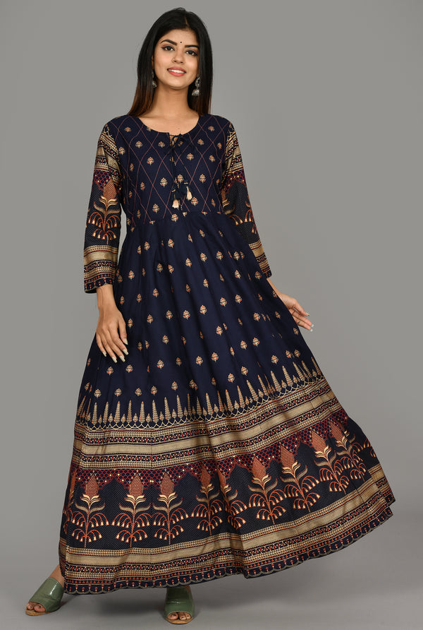 Kaajh Women's Blue Gold Printed Ethnic Kurta - Distacart