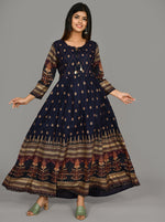 Thumbnail for Kaajh Women's Blue Gold Printed Ethnic Kurta - Distacart