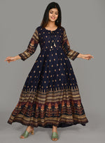 Thumbnail for Kaajh Women's Blue Gold Printed Ethnic Kurta - Distacart