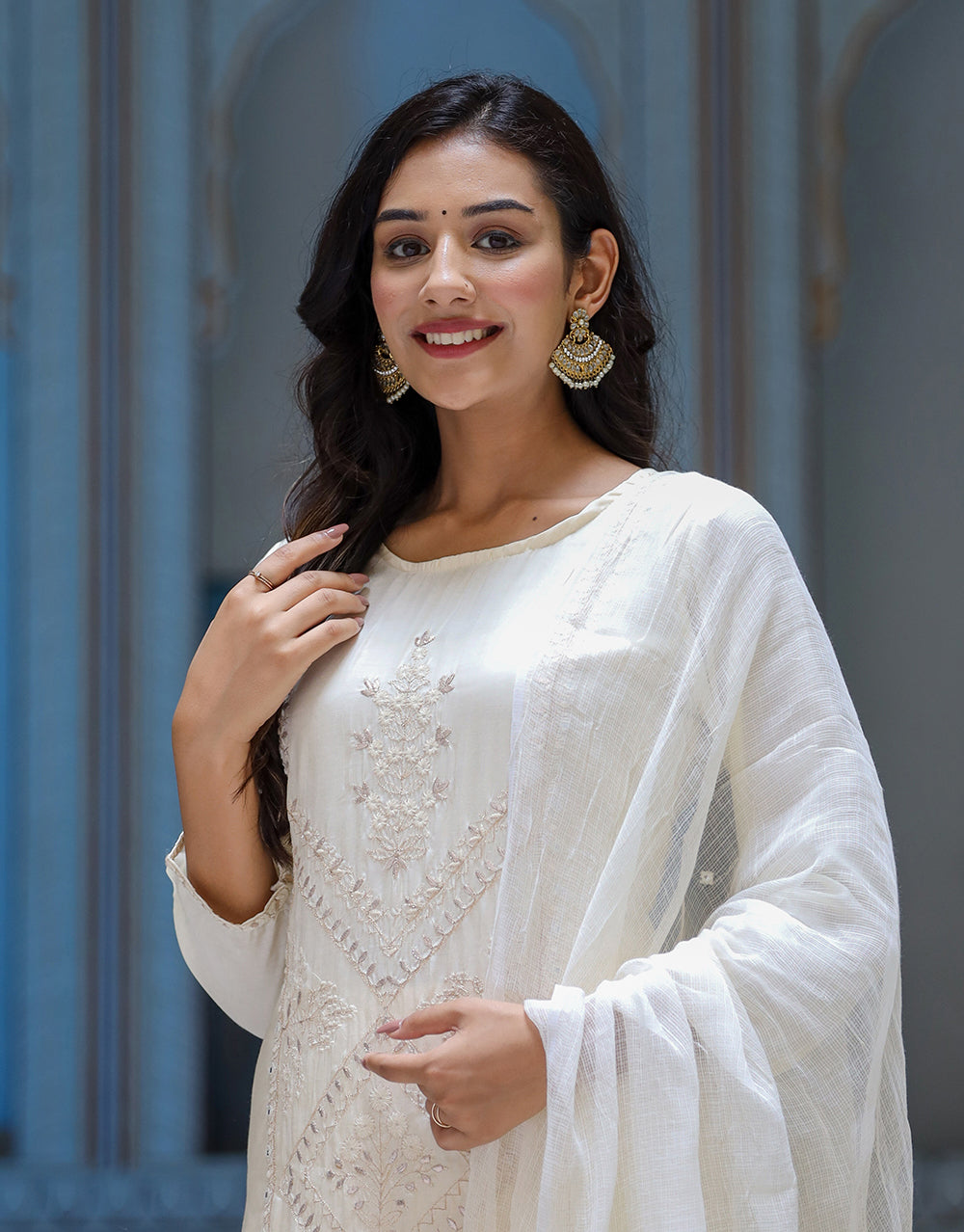 Kaajh Women's Off White EmbroideOff White Silk Kurta Sharara Set With Kota Doria Dupatta - Distacart