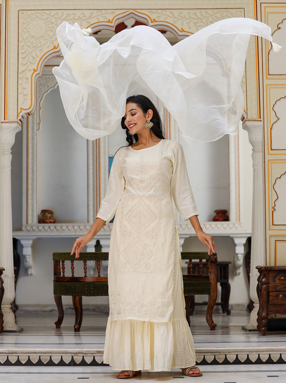 Kaajh Women's Off White EmbroideOff White Silk Kurta Sharara Set With Kota Doria Dupatta - Distacart