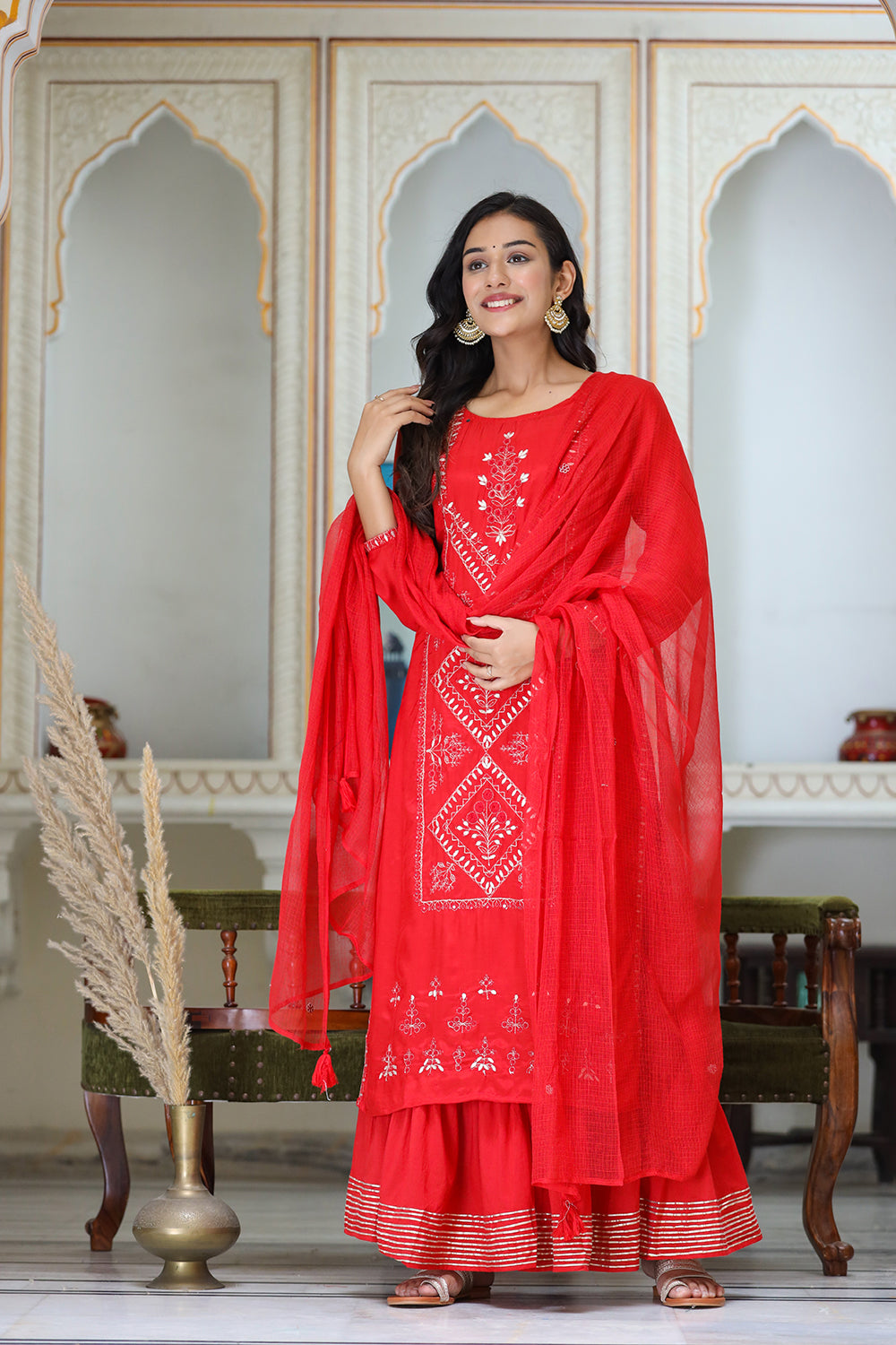 Kaajh Women's Red Embroidered Silk Kurta Sharara Set With Kota Doria Dupatta - Distacart