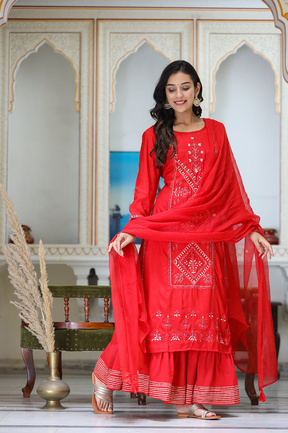 Kaajh Women's Red Embroidered Silk Kurta Sharara Set With Kota Doria Dupatta - Distacart