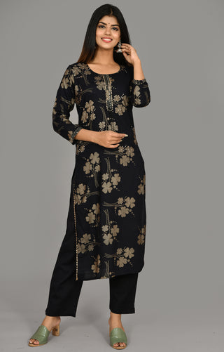 Kaajh Women's Black Printed Modal Kurta Pant Set - Distacart