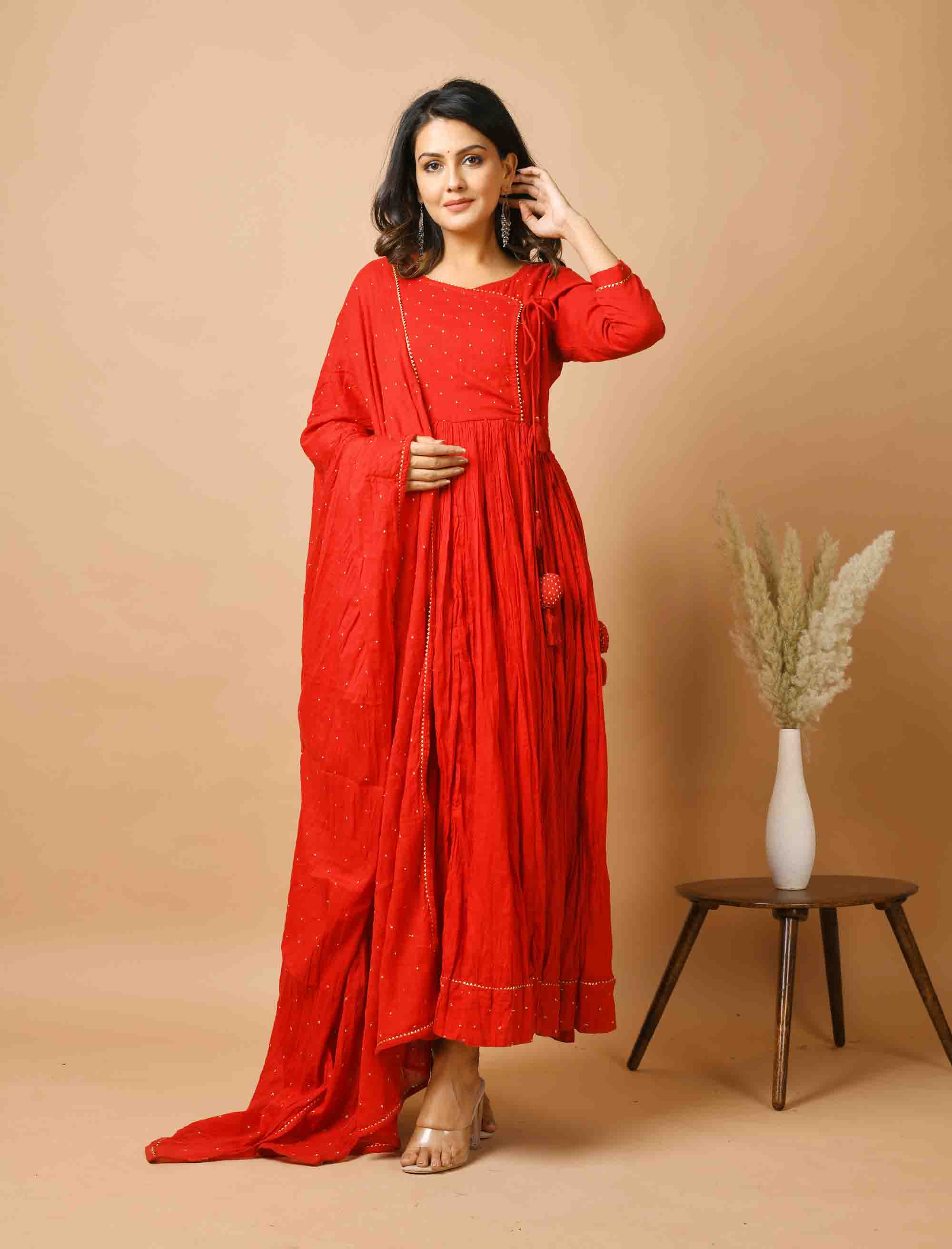 Kaajh Women's Red Zari Embellishment Angrakha Suit Set - Distacart