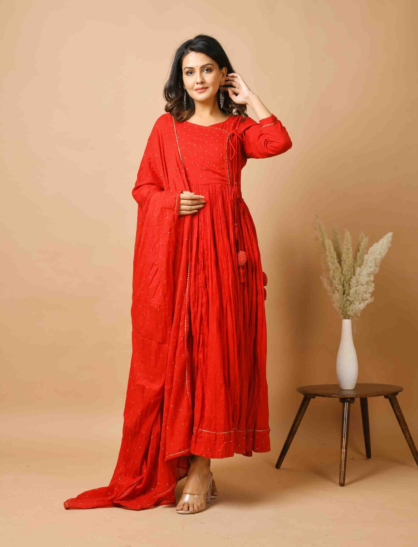 Kaajh Women's Red Zari Embellishment Angrakha Suit Set - Distacart