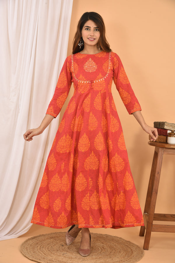 Kaajh Women's Orange Printed Anarkali Kurta - Distacart