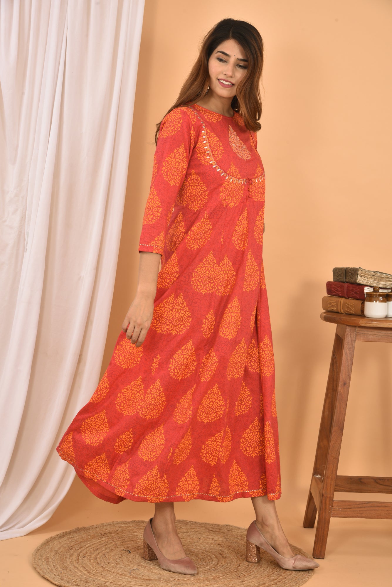 Kaajh Women's Orange Printed Anarkali Kurta - Distacart