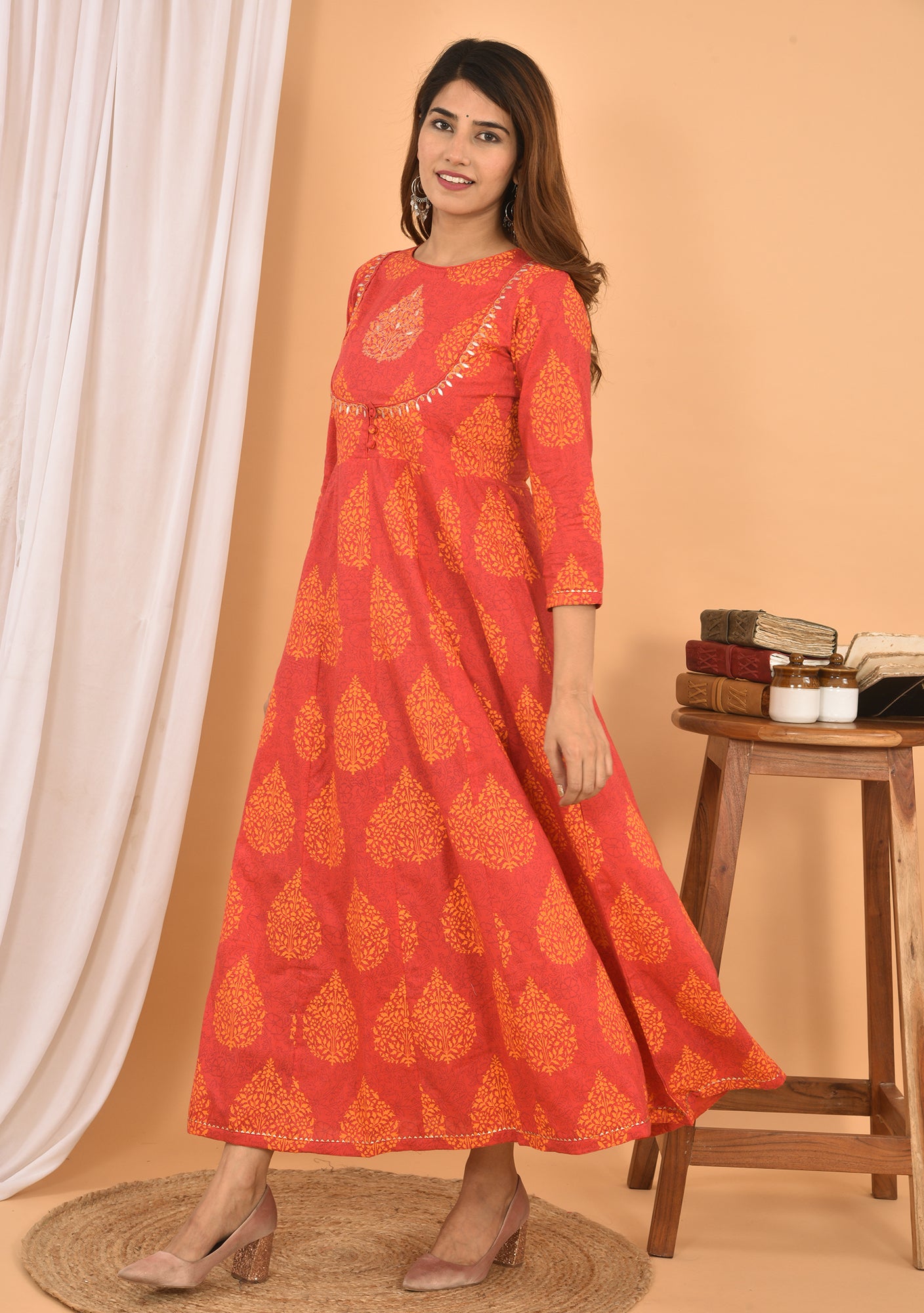 Kaajh Women's Orange Printed Anarkali Kurta - Distacart