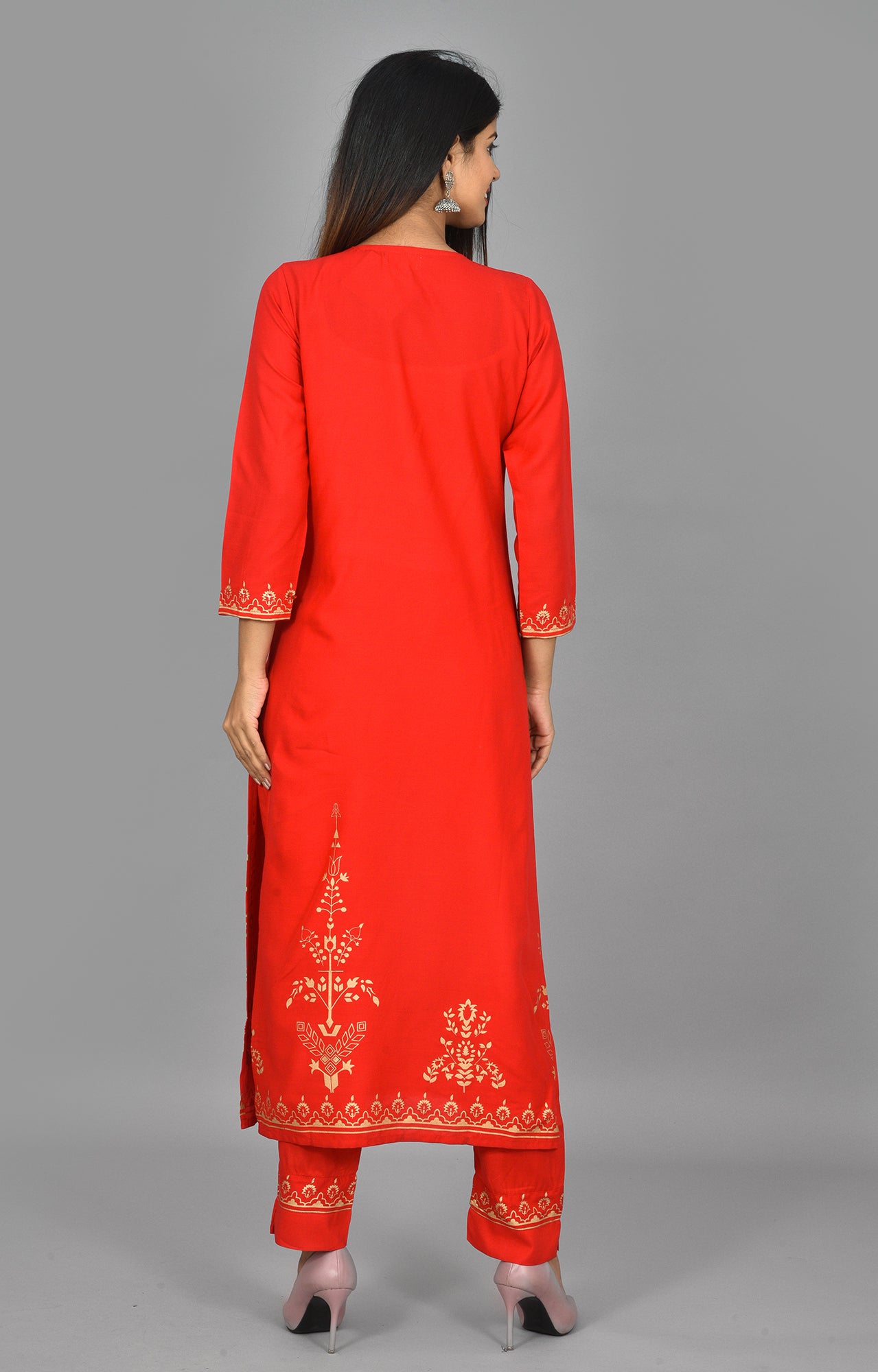 Kaajh Women's Red Gold Printed Kurta Pant Set - Distacart