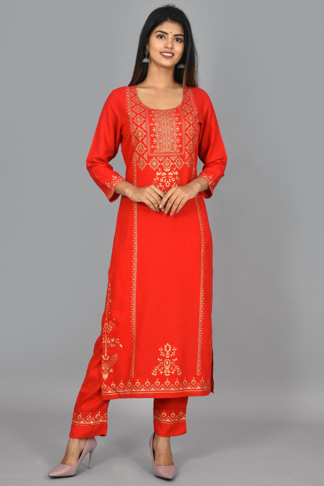 Kaajh Women's Red Gold Printed Kurta Pant Set - Distacart