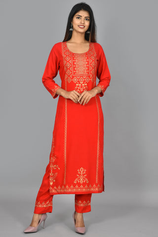 Kaajh Women's Red Gold Printed Kurta Pant Set - Distacart