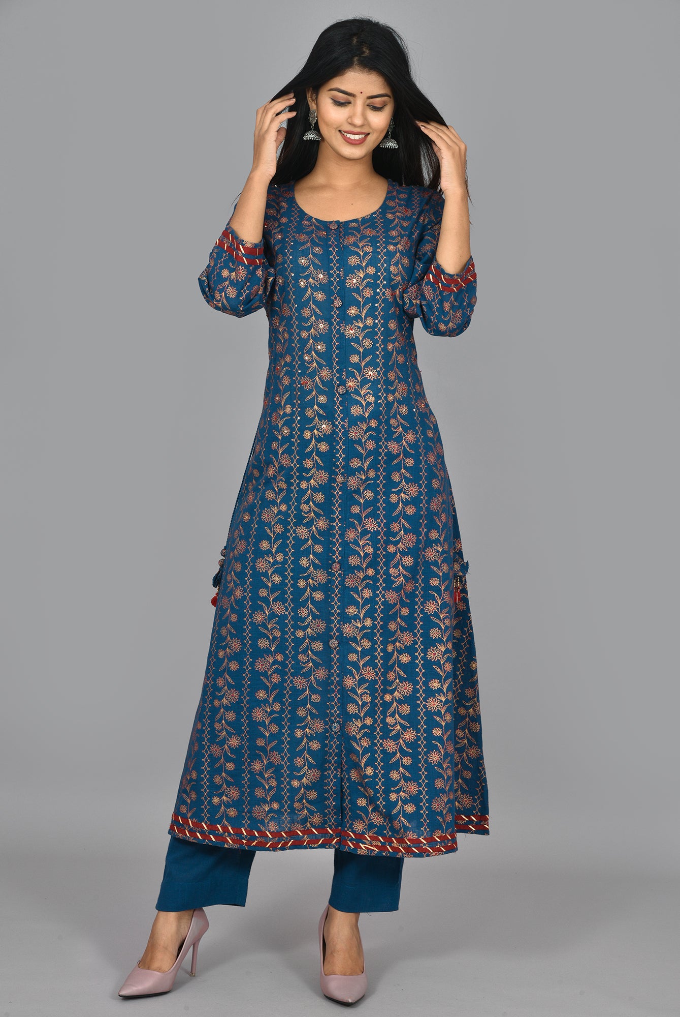 Kaajh Women's Blue Gold Print Long Kurta Pant Set - Distacart