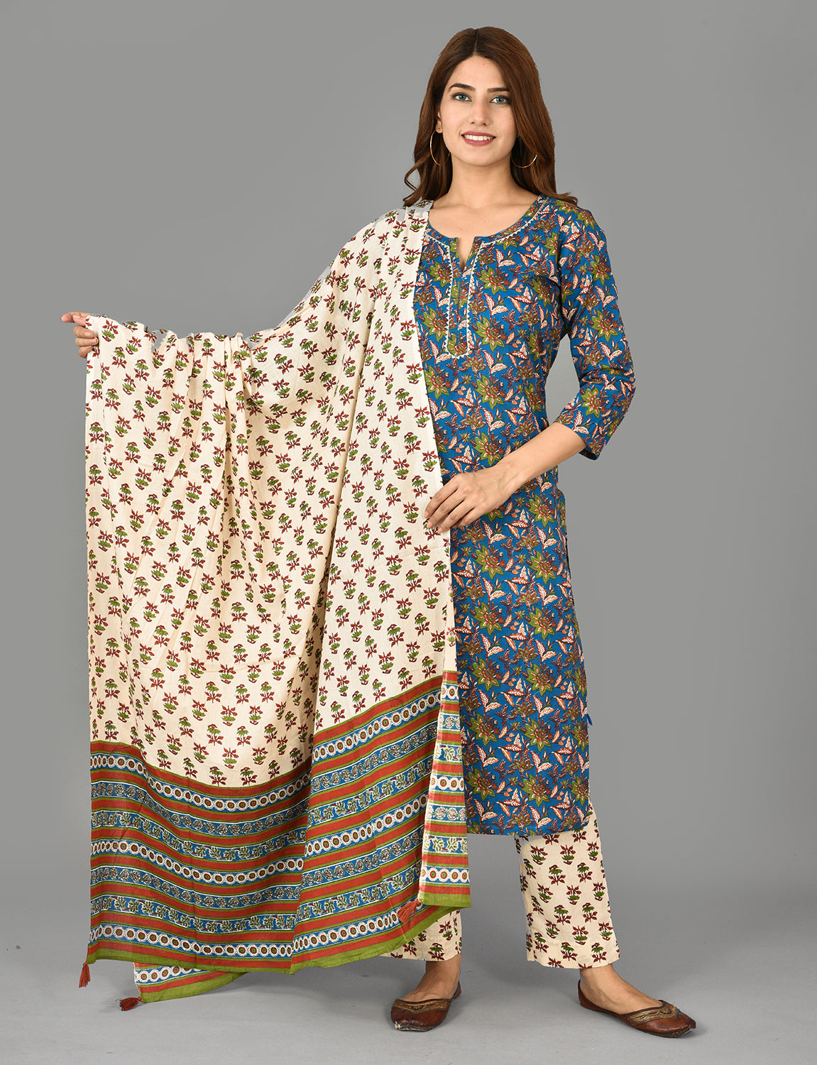 Kaajh Blue Floral Print Cotton Suit Set For Women - Distacart