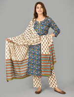 Thumbnail for Kaajh Blue Floral Print Cotton Suit Set For Women - Distacart