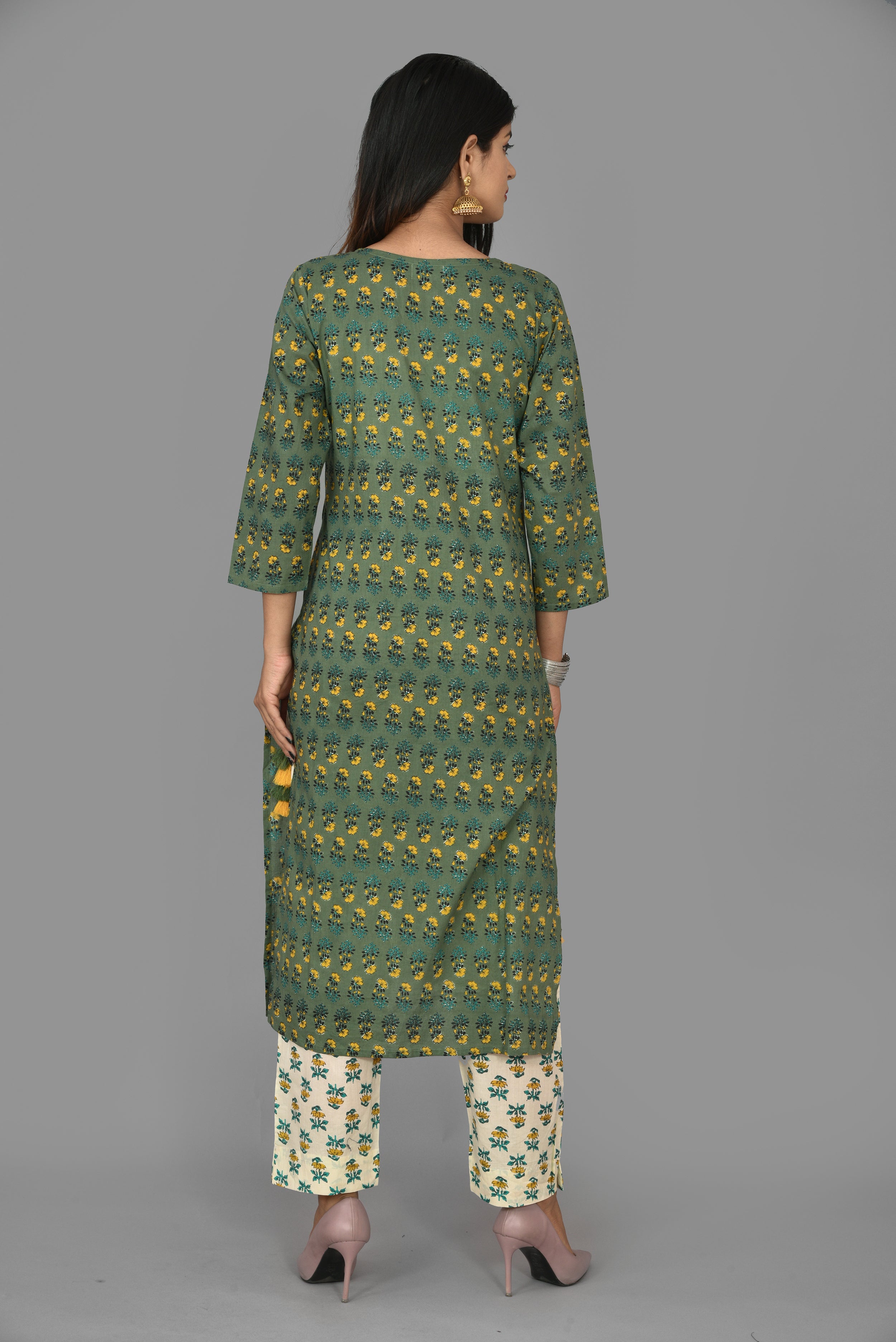 Kaajh Green Floral Print Cotton Suit Set For Women - Distacart