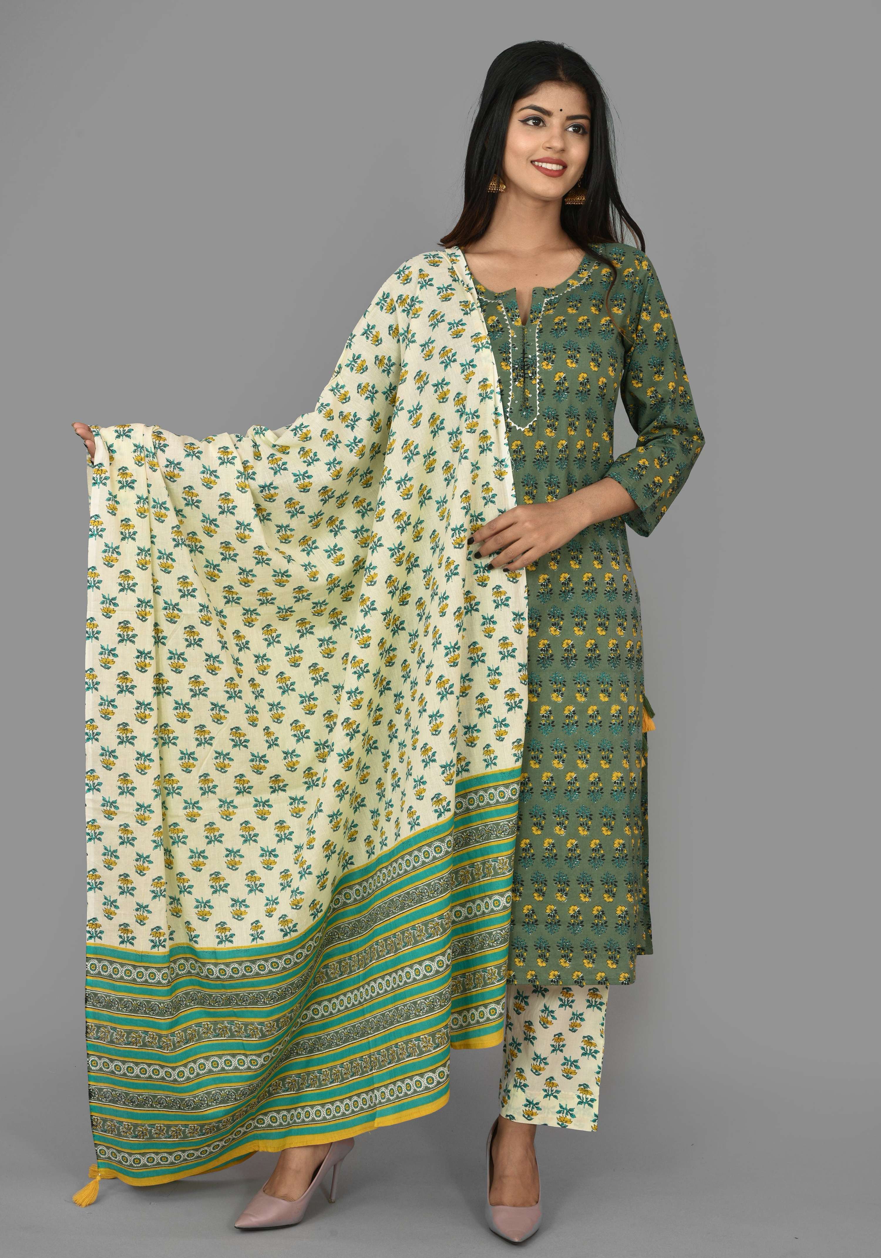 Kaajh Green Floral Print Cotton Suit Set For Women - Distacart