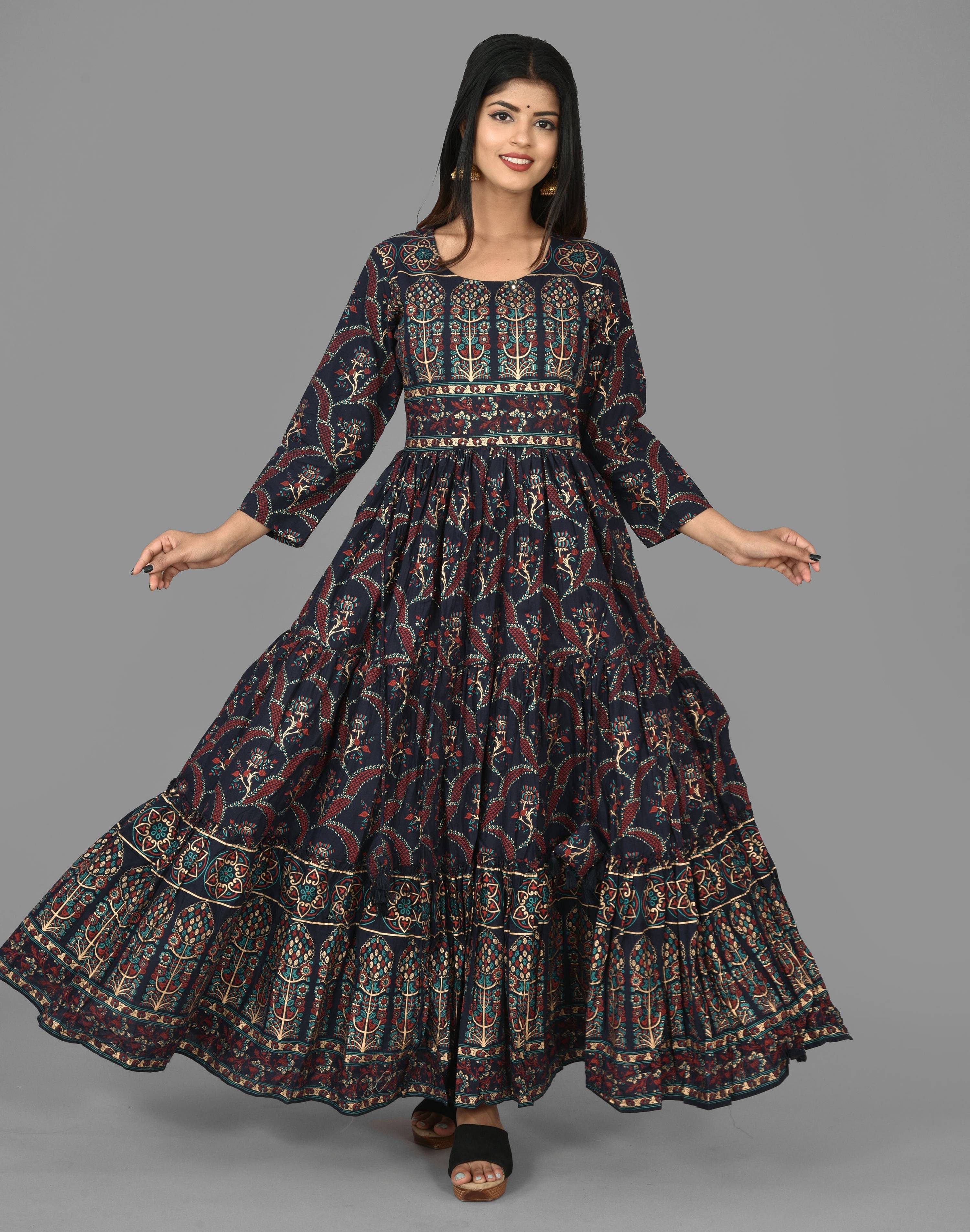 Kaajh Women's Blue Gold Printed Ethnic Anarkali Kurta - Distacart