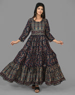 Thumbnail for Kaajh Women's Blue Gold Printed Ethnic Anarkali Kurta - Distacart