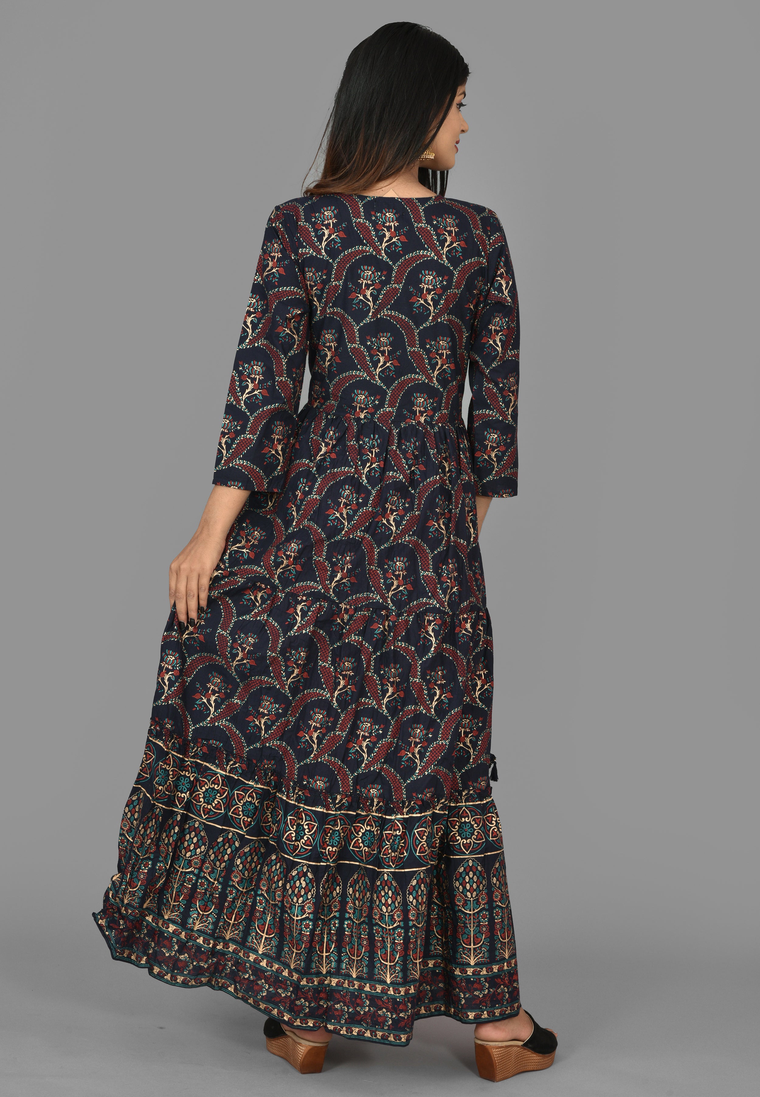 Kaajh Women's Blue Gold Printed Ethnic Anarkali Kurta - Distacart