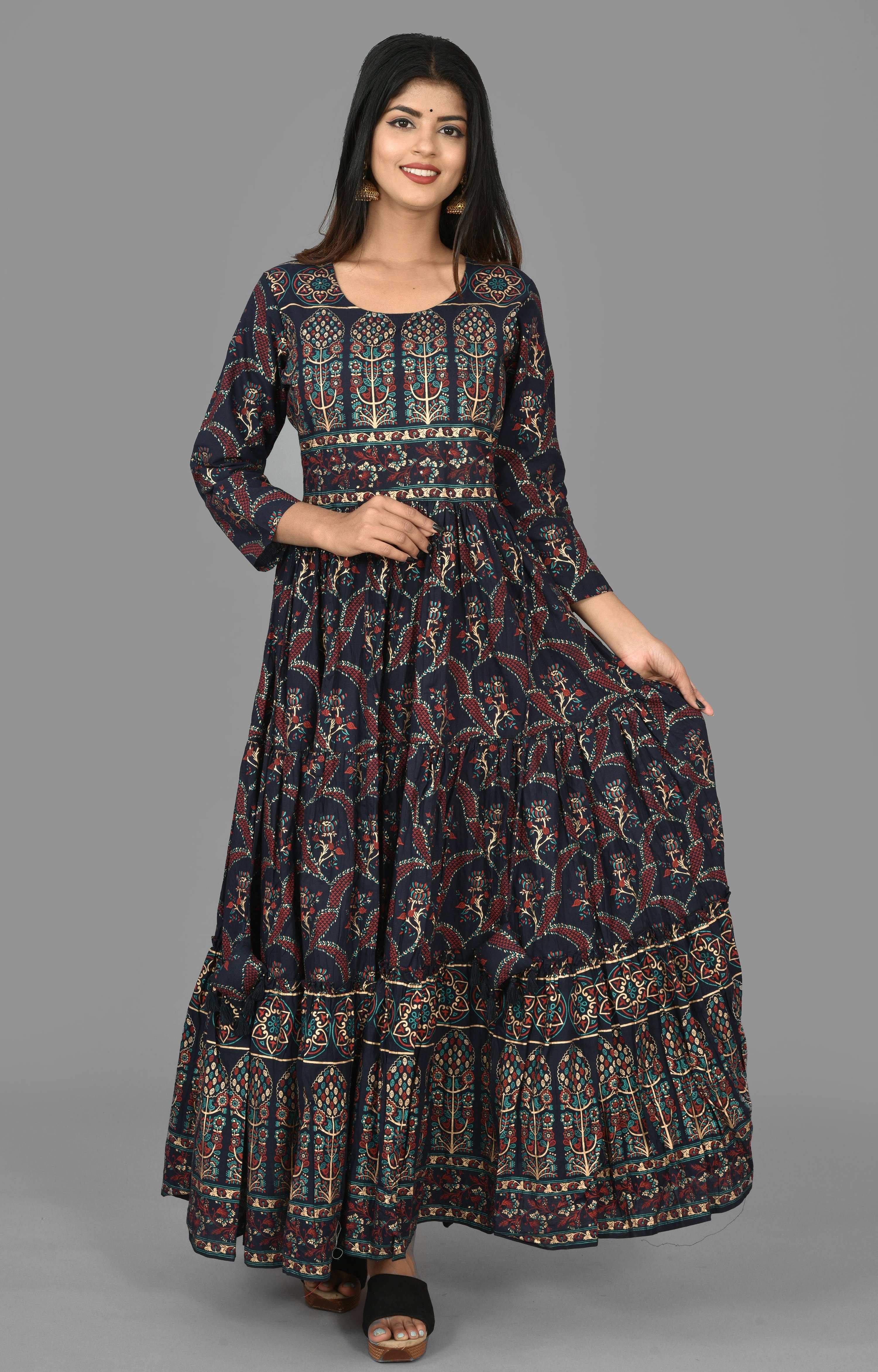 Kaajh Women's Blue Gold Printed Ethnic Anarkali Kurta - Distacart
