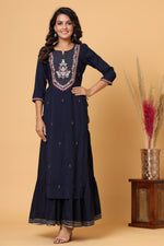 Thumbnail for Kaajh Women's Blue Embroidery Chanderi Ethnic Kurta - Distacart