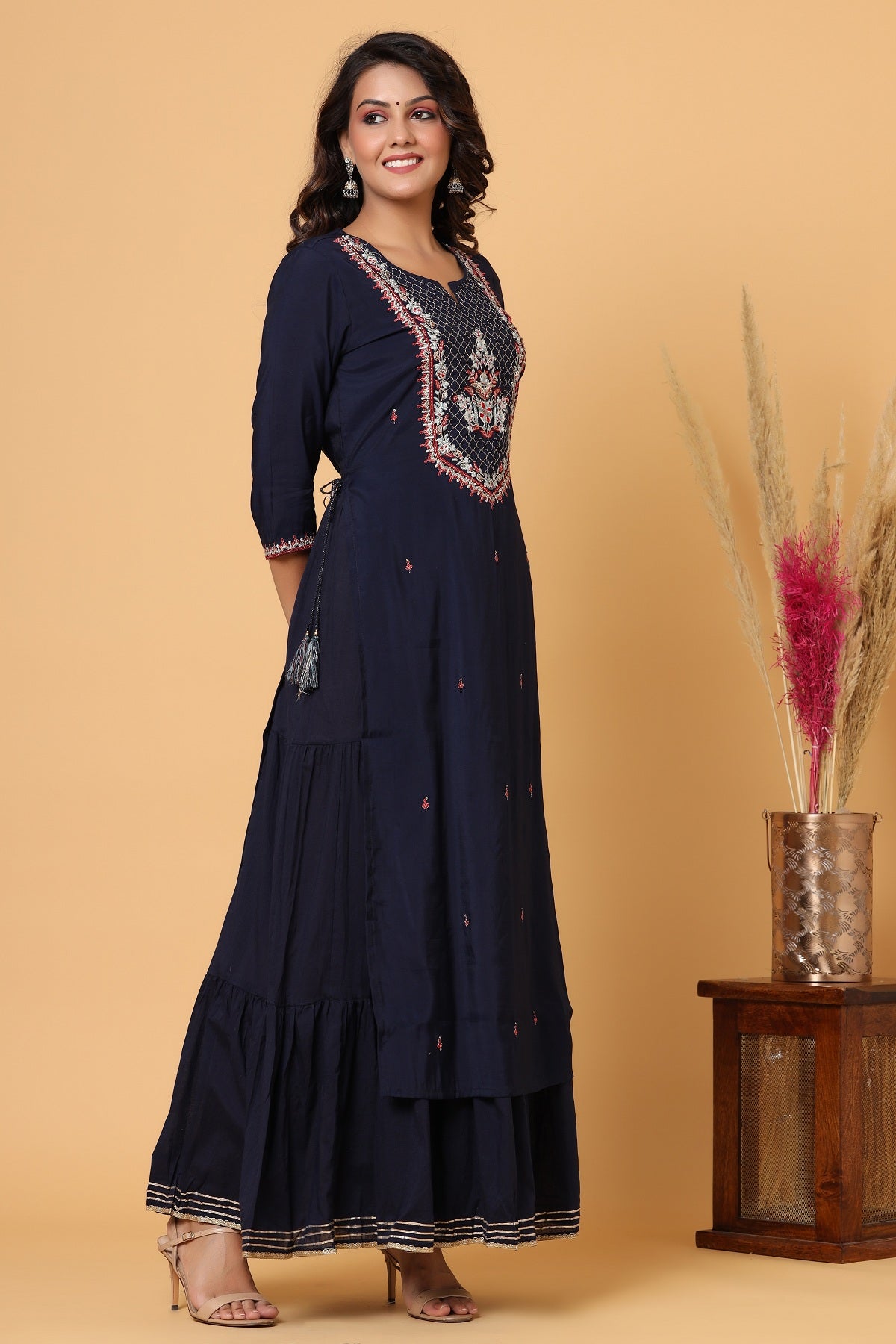 Kaajh Women's Blue Embroidery Chanderi Ethnic Kurta - Distacart