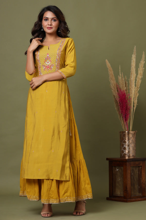 Kaajh Women's Yellow Embroidery Chanderi Ethnic Kurta - Distacart