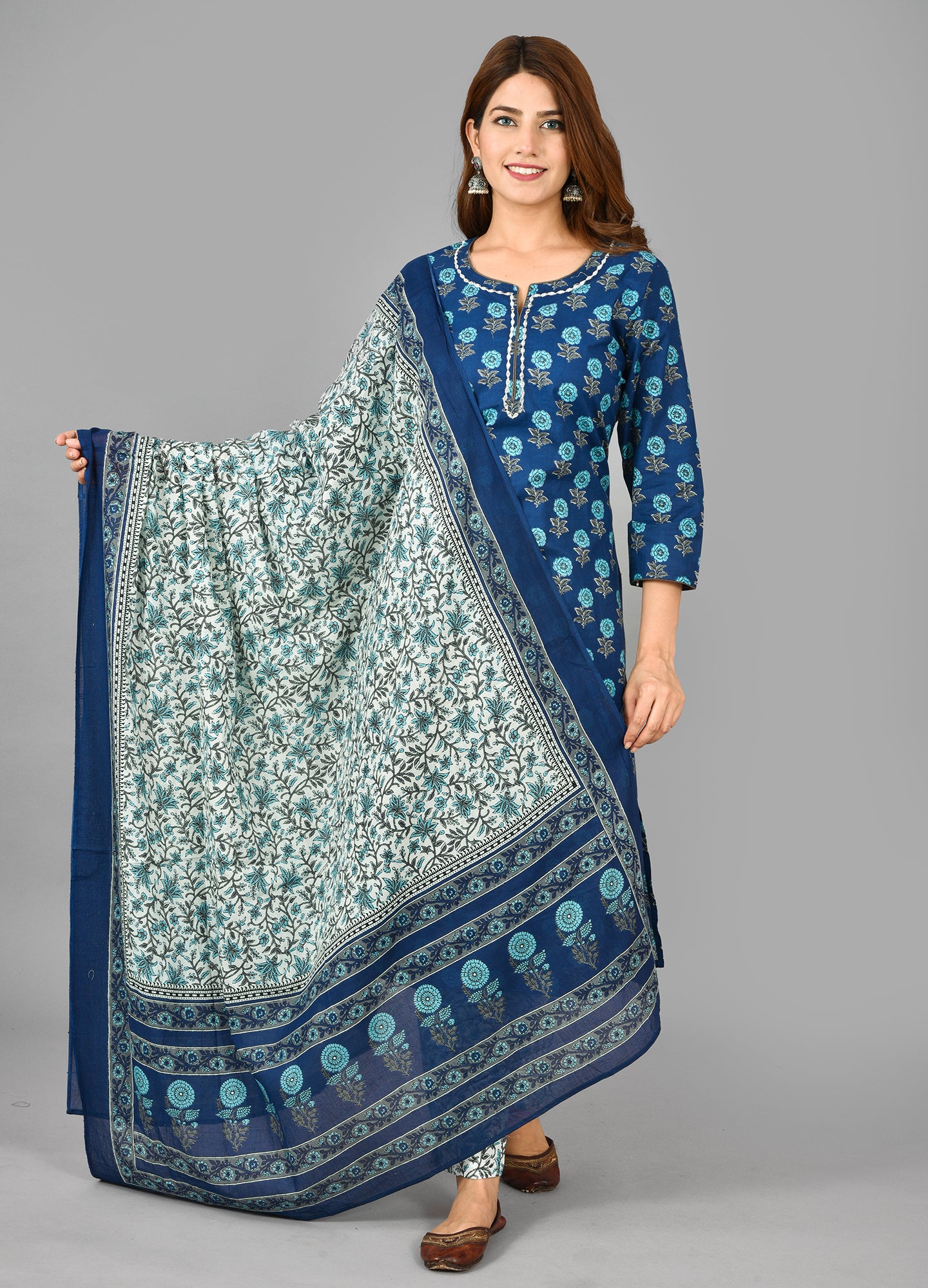 Kaajh Women's Blue Floral Print Cotton Suit Set - Distacart