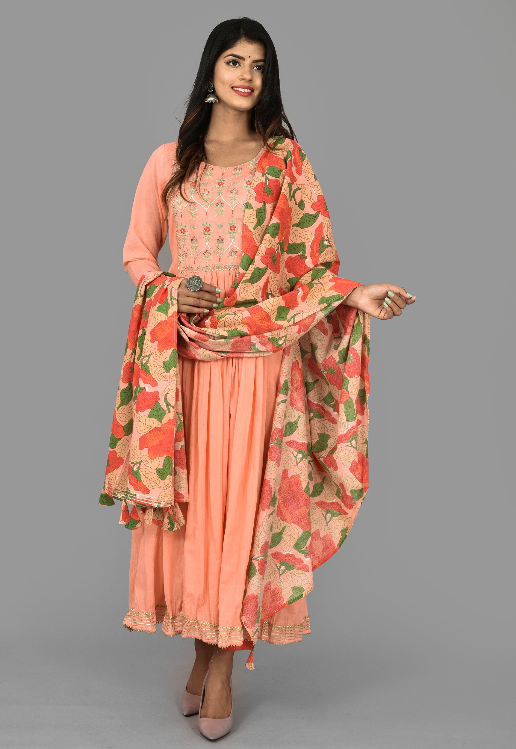 Kaajh Women's Peach Floral Print Anarkali Suit Set - Distacart