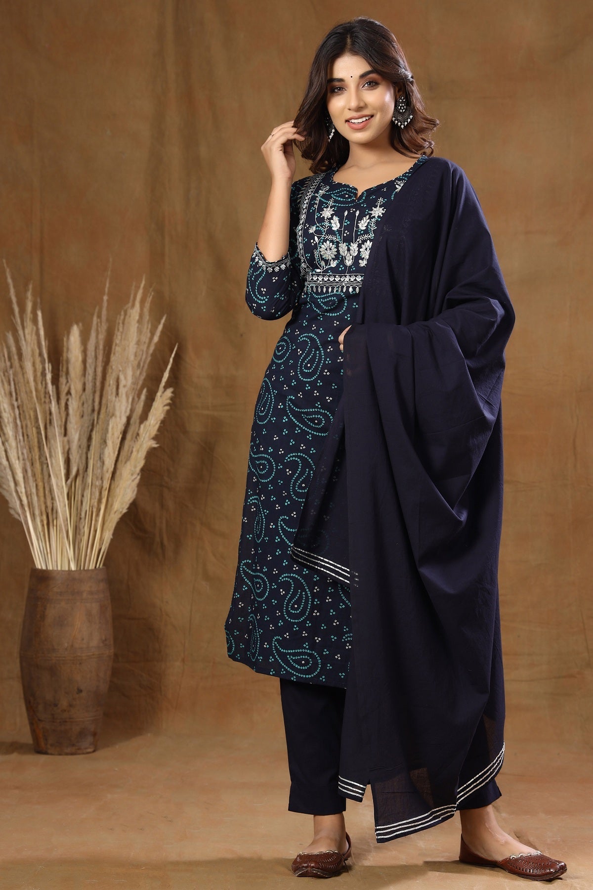 Kaajh Women's Blue Bandhej Embroidery Suit Set - Distacart