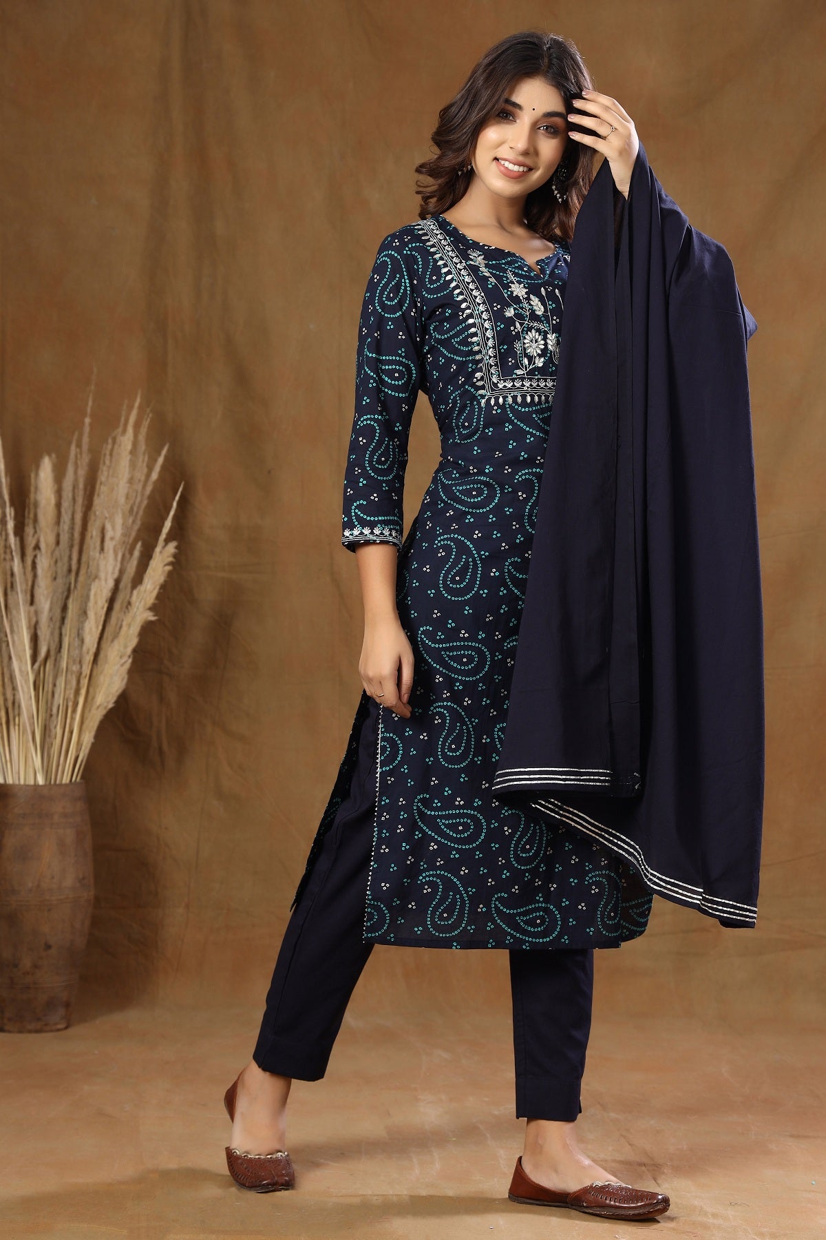 Kaajh Women's Blue Bandhej Embroidery Suit Set - Distacart