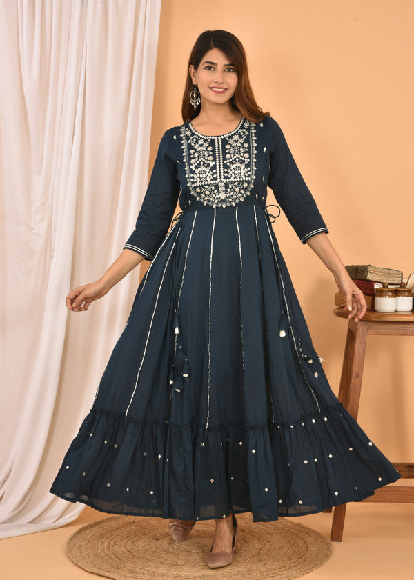 Kaajh Women's Blue Mirror Embroidery Anarkali Kurta - Distacart