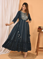 Thumbnail for Kaajh Women's Blue Mirror Embroidery Anarkali Kurta - Distacart