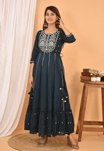Thumbnail for Kaajh Women's Blue Mirror Embroidery Anarkali Kurta - Distacart
